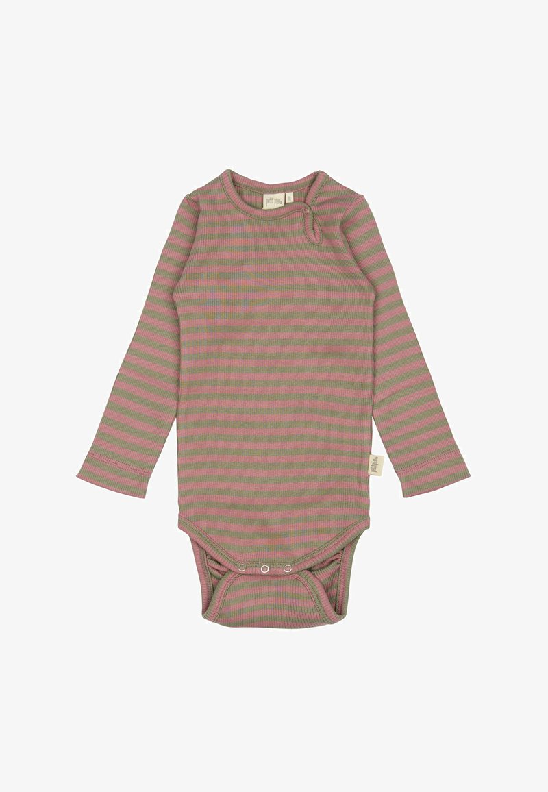 Bodysuit z dolgimi rokavi z roza in zelenimi navpičnimi črtami, rebrasto teksturo, pritiskači na dnu in okroglim ovratnikom.