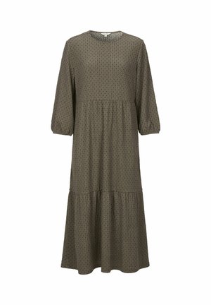 Ruskea midi-mekko, jossa on tekstuurilla varustettu pilkkukuosis, pyöreä kaula-aukko, kolmanneksimittaiset puffihihat ja kerroksellinen hame.