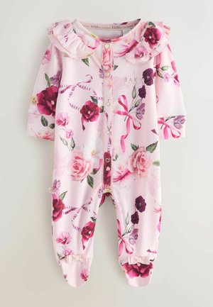 Rozā ziedu bodijs ar īsu frill apkakli, garām piedurknēm, ar pogu aizdari, kājām uz augšu, ar rozēm un lentēm rotātiem rakstiem un loku akcentiem.