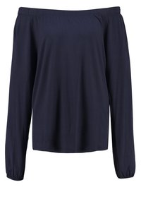 Granatowa bluzka z odkrytymi ramionami, z długim rękawem i elastycznym dekoltem, o zwężających się rękawach, wykonana z gładkiego, rozciągliwego materiału.