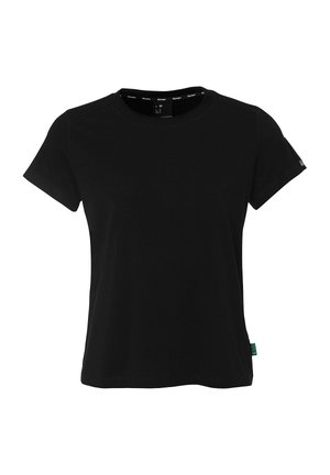 Zwart kortekorte mouwen t-shirt gemaakt van zachte katoen. Ronde halslijn met een rechte snit, voorzien van een klein label op de linker mouw.