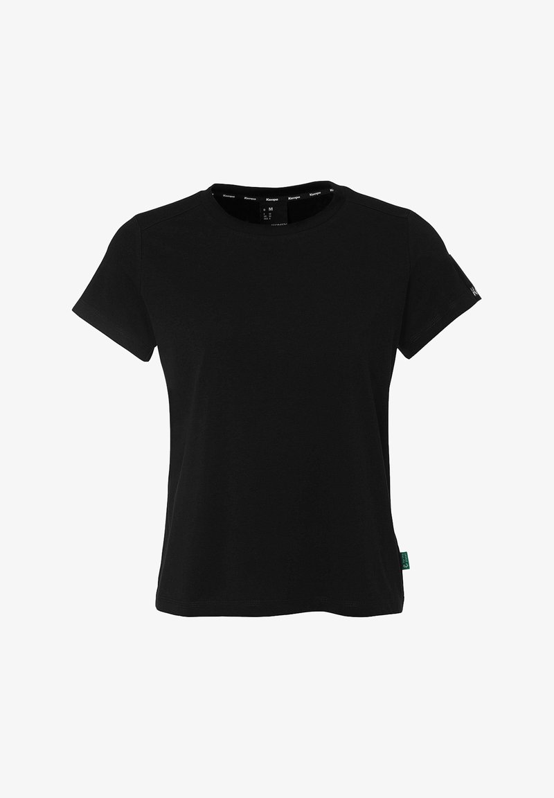 Zwart kortekorte mouwen t-shirt gemaakt van zachte katoen. Ronde halslijn met een rechte snit, voorzien van een klein label op de linker mouw.