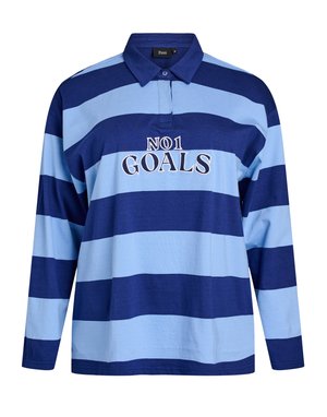 Polo tričko s dlhým rukávom v námorníckej modrej farbe a svetlomodrými horizontálnymi pruhmi, s vyšitou nášivkou "NO1 GOALS" na prednej strane. Z bavlnenej látky.
