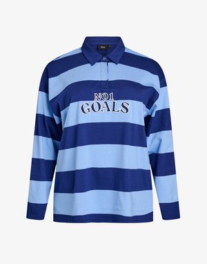 Polo majica s dolgimi rokavi v temno modri in svetlo modri vodoravni črti, z vezenim napisom "NO1 GOALS" na sprednji strani. 100 % bombaž.