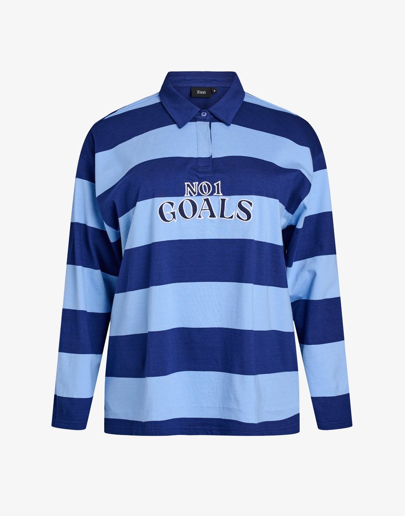 Polo de manga larga en azul marino y con rayas horizontales en azul claro, que presenta un bordado de "NO1 GOALS" en la parte frontal. Material de algodón.