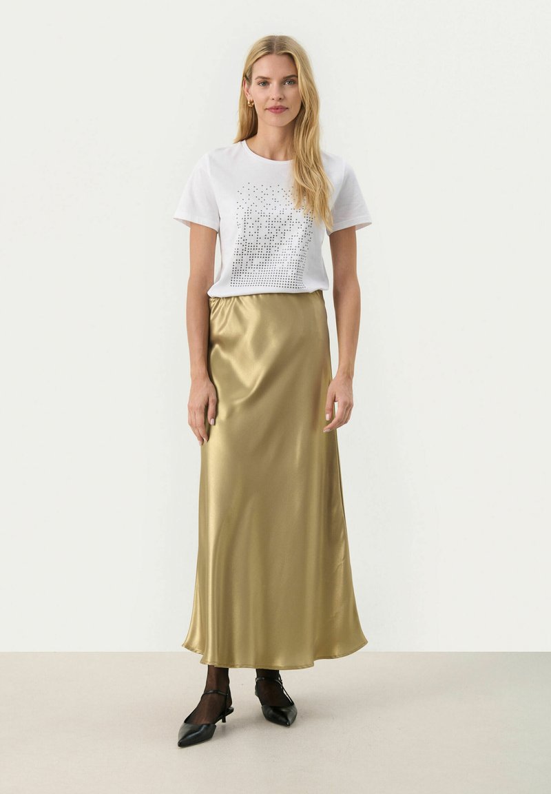 Jupe Taille 38 En Satin Doré - Longueur Au Genou - Occasion Très Bon état