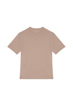 T-shirt beige à manches courtes et col rond, design uni, posé à plat sur un fond blanc.