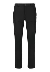 Zwarte outdoorbroek gemaakt van duurzaam materiaal, met een recht model, ritszakken en versterkte kniestukken voor extra sterkte.