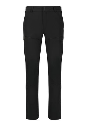 Schwarze Outdoor-Hosen aus strapazierfähigem Material, mit geradem Schnitt, Reißverschlusstaschen und Kniefutter für zusätzliche Stärke.