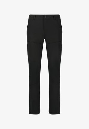Schwarze Outdoor-Hosen aus strapazierfähigem Material, mit geradem Schnitt, Reißverschlusstaschen und Kniefutter für zusätzliche Stärke.