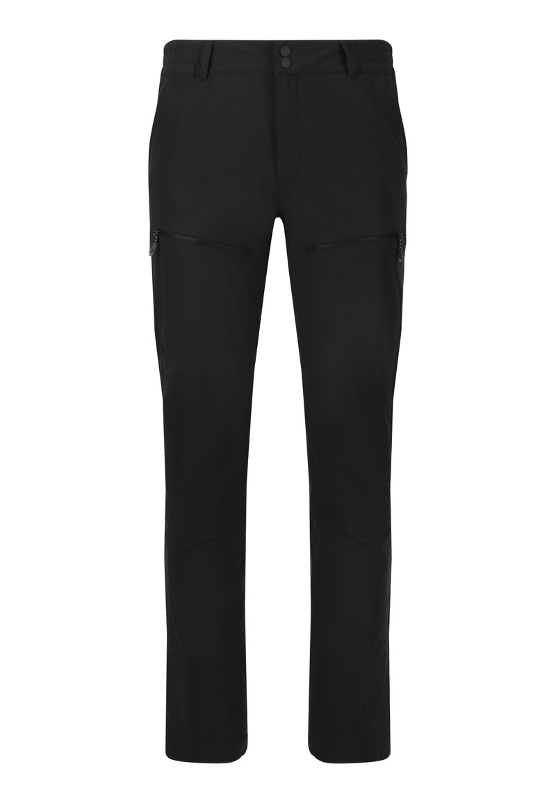 Zwarte outdoorbroek gemaakt van duurzaam materiaal, met een recht model, ritszakken en versterkte kniestukken voor extra sterkte.