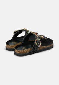 Sandali infradito neri con cinturini decorati, suola in sughero e suola esterna nera texturizzata; presenta accenti gioiello colorati sui cinturini.