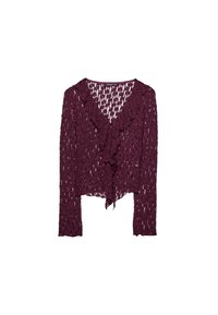 Cardigan a maniche lunghe di pizzo viola scuro con bordi frontali arricciati e un motivo floreale semitrasparente.