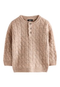Cable knit sweater in beige, featuring a rounded neckline, three-button placket, and ribbed cuffs and hem for a textured appearance.