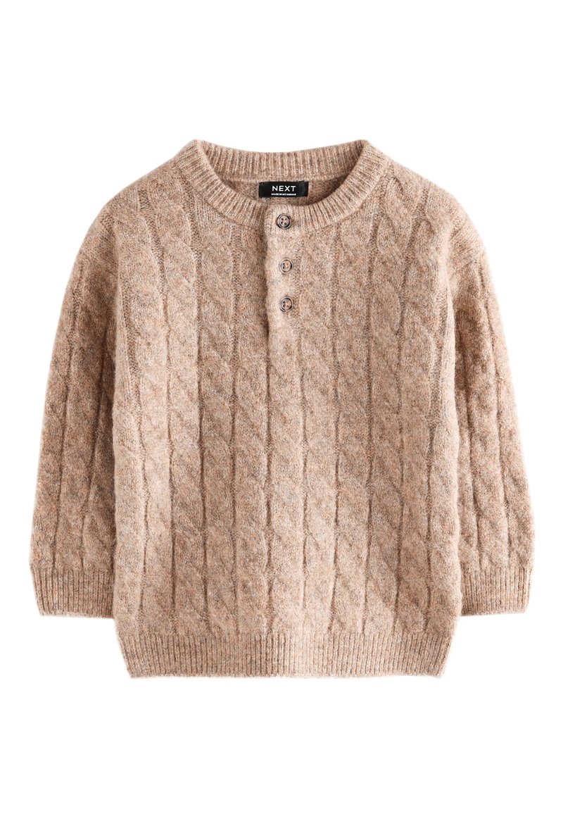 Cable knit sweater in beige, featuring a rounded neckline, three-button placket, and ribbed cuffs and hem for a textured appearance.