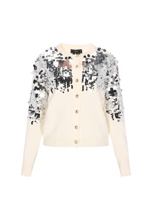 Cardigan crem cu paiete argintii pe umeri, închidere cu buton, manșete și tiv cu dantelă, și o textură netedă pe tot parcursul.