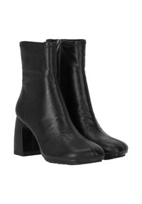 Stivali alla caviglia in pelle nera con tacco a blocco alto, profilo snello e chiusura con zip frontale. Texture liscia e design minimal.
