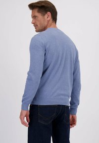 Lichtblauwe crewneck trui met lange mouwen, geribde manchetten en zoom, gecombineerd met donkerblauwe jeans met zichtbare stikseldetails.