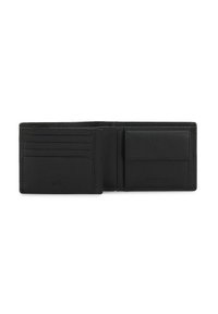 Portafoglio in pelle nera con finitura testurizzata, dotato di più scomparti per carte e un vano per carte, con dettagli impressi "RFID" e "kazar".