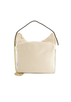 Beige Lederhandtasche mit lässigem Design, goldener Kettenriemen und metallischen silbernen Akzenten. Mit einem Reißverschlussverschluss und einem prägenden Logo auf der Vorderseite.