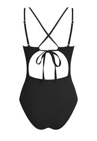 Czarny, żeberkowy jednoczęściowy strój kąpielowy z regulowanymi cienkimi ramiączkami, odkrytymi plecami i krzyżującym się zapięciem na wstążkę.