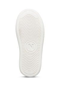 Vit skosula med en vågig mönsterprofil, cirkulär logotyp med bokstaven "N" i mitten, och storleksnummer "24" nära hälen.