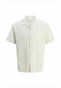 Chemise à manches courtes à boutons de couleur crème clair avec des rayures verticales. Fabriquée en tissu texturé, elle présente un col classique et des boutons en plastique.