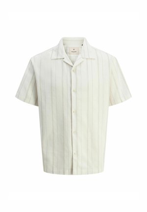 Camicetta a maniche corte con bottoni in crema chiaro a righe verticali. Realizzata in tessuto strutturato, presenta un colletto classico e bottoni in plastica.