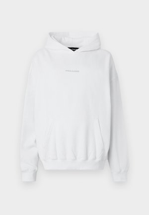 White hooded sweatshirt made of cotton blend with a front pocket. Features subtle "PEGADOR" logo in light gray above the pocket.