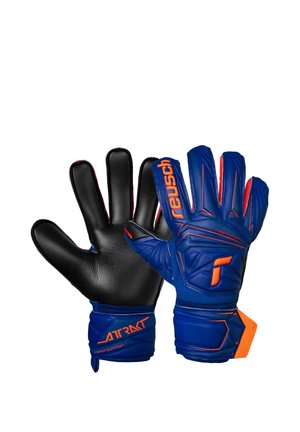 Guanti da portiere blu e neri con dettagli arancioni e marchio, palmi aperti visibili, con cinturini di supporto per il polso.