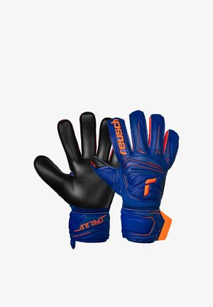 Blau-schwarze Torwarthandschuhe mit orangefarbenen Akzenten und Markenlogo, offene Handflächen sichtbar, mit Handgelenksstützbändern.