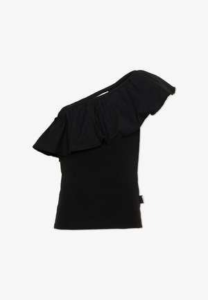 Haut noir asymétrique avec une large volants traversant la poitrine et une bretelle élastique sur l'épaule.