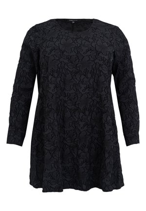 Black long-sleeve dress with textured floral pattern, round neckline, and loose fit. Made of soft, lightweight fabric.