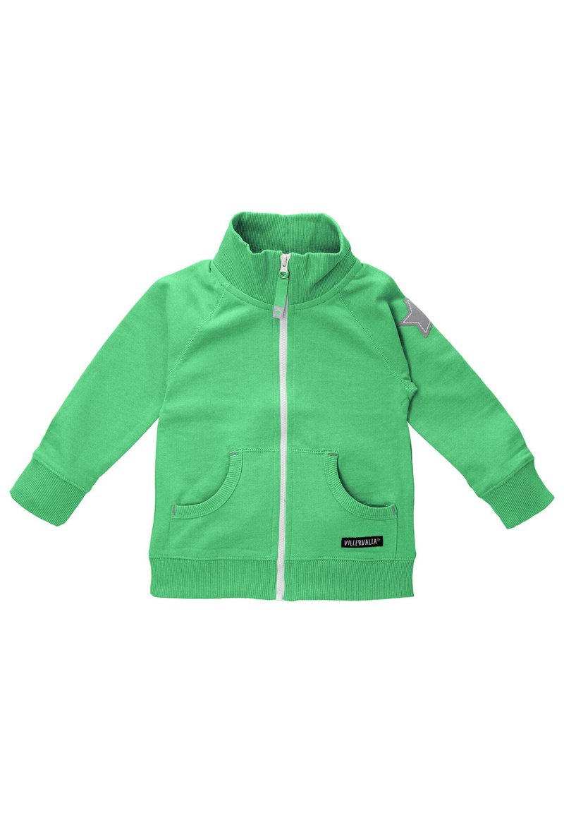 Green zip-up jacket with a high collar, two front pockets, and a gray star accent on the sleeve. Made from soft, textured fabric.