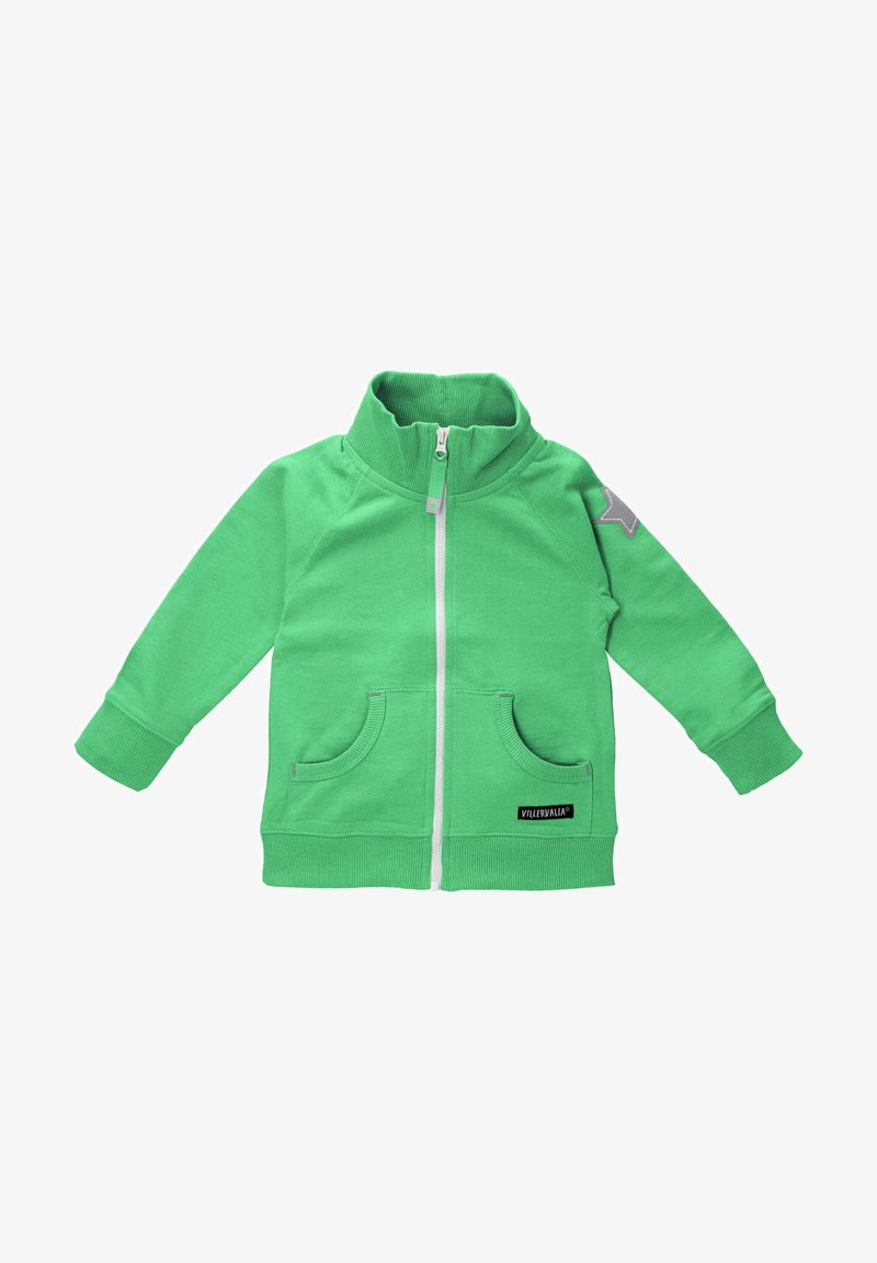 Green zip-up jacket with a high collar, two front pockets, and a gray star accent on the sleeve. Made from soft, textured fabric.