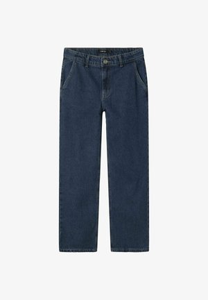 Jeans v temno modri barvi, z ravnim krojem, zasnovo s petimi žepi ter sprednjim gumbnim zapiranjem in zankami za pas.