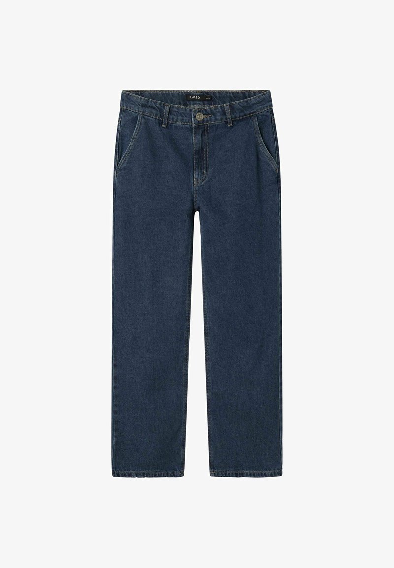 Tamsiai mėlyni džinsai, tiesaus kirpimo, su penkių kišenių dizainu, priekyje užsegami mygtuku ir su sagtimis diržui.