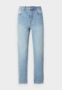 Τζιν παντελόνι βαμβακερό σε ανοιχτό μπλε με ίσια γραμμή, πέντε τσέπες, κλείσιμο με μεταλλικό κουμπί και διακριτικές λεπτομέρειες φθοράς στο μπροστινό μέρος.