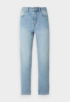 Blugi din denim albastru deschis, cu croială dreptă, model cu cinci buzunare, închidere cu nasture metalic și detaliu subtil de șlefuire pe partea frontală.