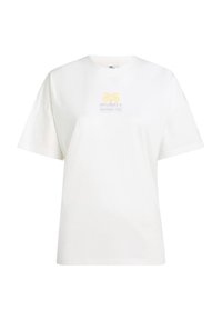 White cotton T-shirt with short sleeves, featuring a front logo of palm trees and "O'Neill Surf Co." in yellow and purple.