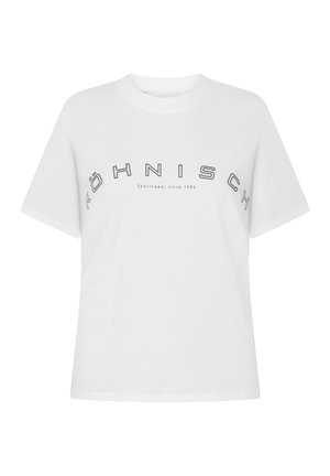T-shirt bianco in cotone con una vestibilità rilassata. Presenta una stampa grafica "Föhnisch Sportswear dal 1945" in grigio scuro sulla parte anteriore.