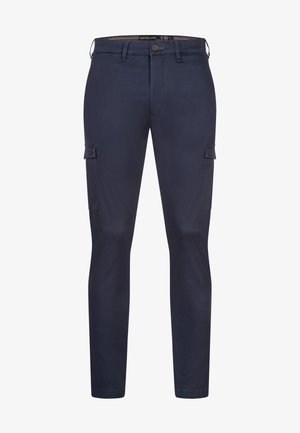 Mornarske cargo hlače od pamuka s glatkom teksturom. Imaju bočne džepove, zatvarač i jedan gumb za zatvaranje. Ravne nogavice.