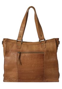 Bolso tote de cuero marrón con asas dobles, que cuenta con un bolsillo frontal con cremallera y una superficie texturizada. Sus medidas son aproximadamente de tamaño mediano.