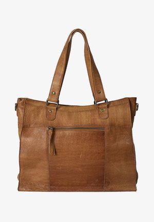 Borsa a tracolla in pelle marrone con doppi manici, dotata di una tasca frontale con zip e superficie testurizzata. Misura circa una taglia media.