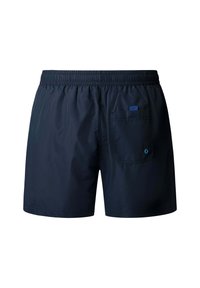 Temno modre kopalne hlače z elastičnim pasom in enim zadnjim žepom, ki ima majhno modro zatič in okrasni obroček.