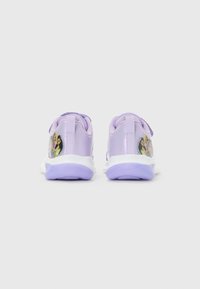 Pair of purple and white children's sneakers with cartoon character patches on the back and pull tabs above the heels.