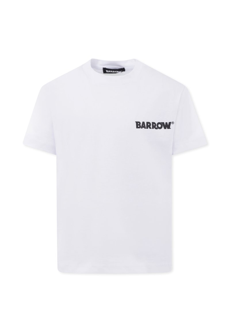Biała bawełniana koszulka z krótkimi rękawami, z czarnym logo "BARROW" na lewej piersi. Okrągły dekolt, minimalistyczny design.