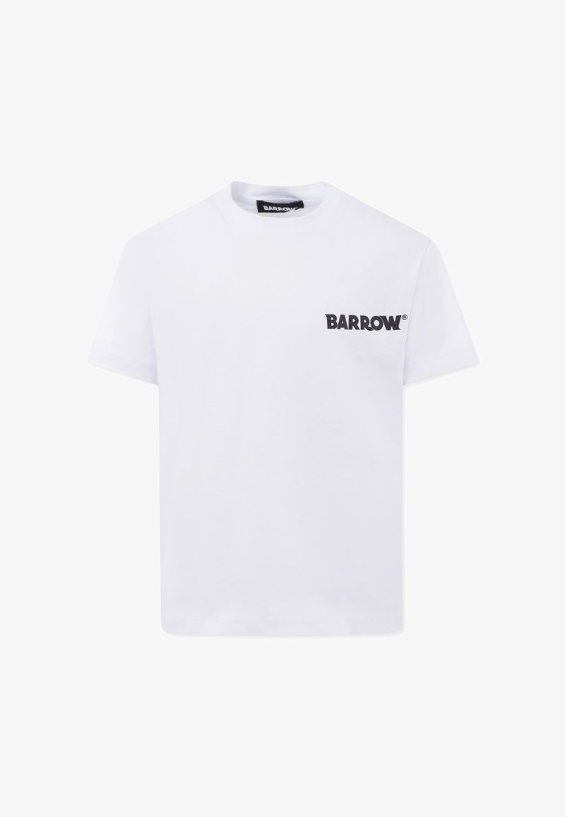 Biała bawełniana koszulka z krótkimi rękawami, z czarnym logo "BARROW" na lewej piersi. Okrągły dekolt, minimalistyczny design.