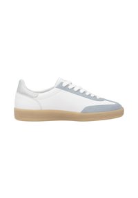 White sneakers with light blue suede accents, textured rubber sole, and classic lace-up design. Minimalistic style with simple detailing.
