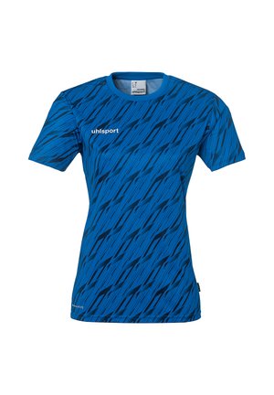 Kortærmet blå atletisk skjorte med et skråbåndmønster, lavet af fugttransporterende materiale, med rund halsudskæring og logo-tryk.